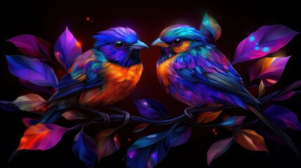 Vibrant birds perched on a colorful branch, showcasing intricate feathers and a magical, luminous background.