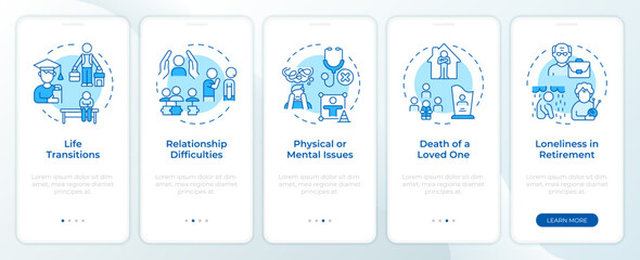 Loneliness roots blue onboarding mobile app screen. Walkthrough 5 steps editable graphic instructions with linear concepts. UI, UX, GUI template. Montserrat SemiBold, Regular fonts used