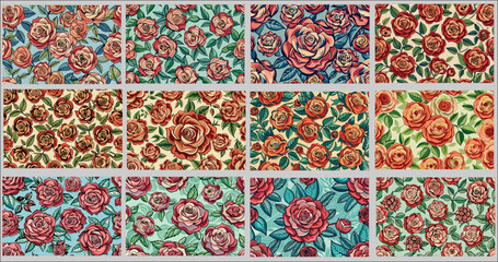 Set Vibrant Rose Floral Pattern Collage