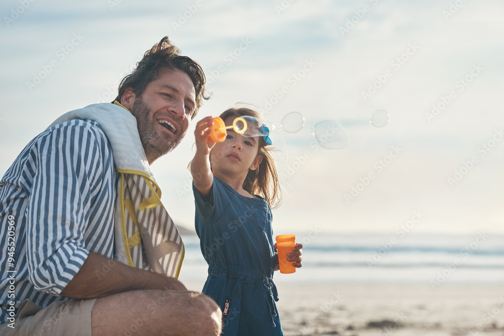 Sticker Happy, dad and girl with bubbles on beach for playing, summer fun and seaside adventure on holiday or getaway. Father, child and together by ocean for bonding, games and childhood memories with love