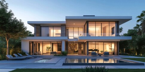 Fototapeta premium 3D rendering of a modern luxury house with a swimming pool and outdoor furniture in the front.