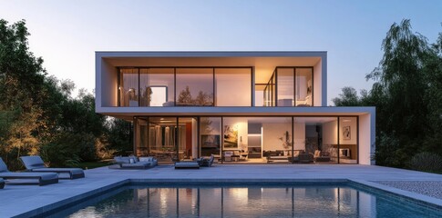 Fototapeta premium 3D rendering of a modern luxury house with a swimming pool and outdoor furniture in the front.