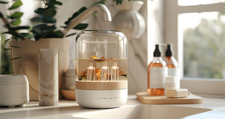 Aromatherapy machine, personalized, simple, small cylindrical device with rounded edge, multiple small transparent glass colored liquid sachets inside the transparent dome cover, bathroom environment.