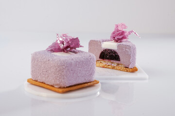 Cooked, ready to eat. Delicious cake against white background