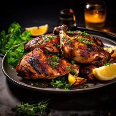Delicious roasted chicken or turkey served in plate on dark background
