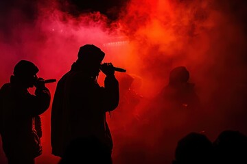 silhouettes of rappers on stage hip hop concert with rapper on stage. red enlightened fog in the background. silhouette of three rappers. little bit of noise in the fog due to high iso