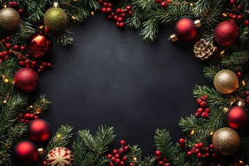 A black background with a red and gold wreath of Christmas decorations. The wreath is made up of red and gold balls and pine cones