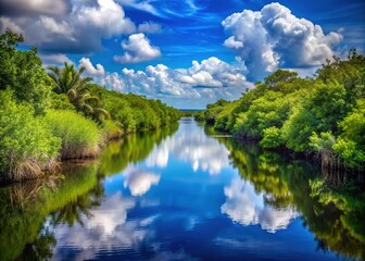 Serene and majestic, a tranquil waterway winds through the lush, emerald green vegetation of the Everglades, reflecting the brilliant blue sky above.