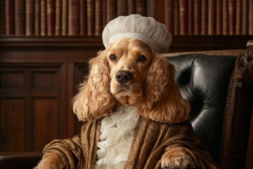 A refined judge in classical attire sits formally in an office filled with books, exuding authority, wisdom, and tradition in a setting that highlights the grandeur of judicial responsibilities.