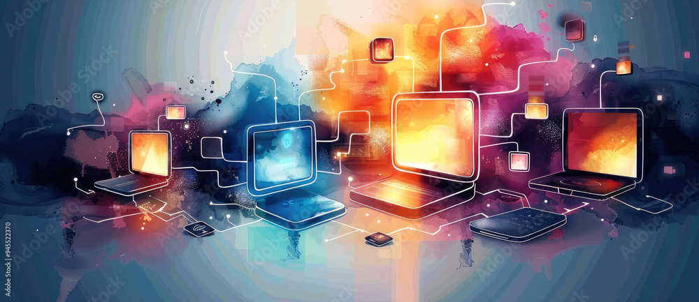 Aufkleber a vibrant watercolor illustration of a digital marketing concept, showcasing a seamless network of d