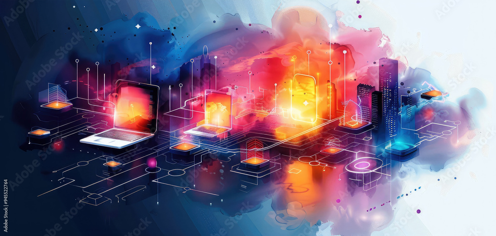 Poster A vibrant watercolor illustration of a digital marketing concept, showcasing a seamless network of devices and data flow. Generative AI.
