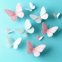 3D pastel-colored butterflies on a blue background.