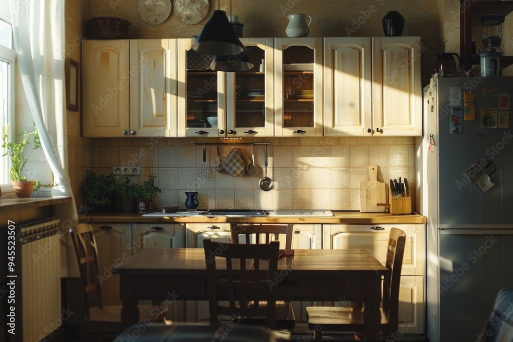 Wall mural a kitchen dining area with a table and chairs inside