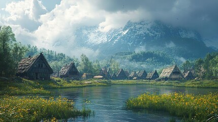 Fototapeta premium A mountain village where rivers flow serenely through a picturesque landscape photo