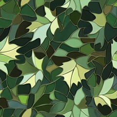 Olive green stained glass style maple leaf pattern, seamless repeating pattern, minimal pattern, perfect for autumn-themed projects, wrapping paper, branding, and fabric design 