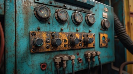 Industrial control panel with various gauges and buttons