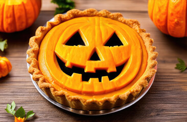 funny Halloween grin carved on tasty and sweet pumpkin pie on plate on wooden table, top view