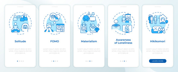 Social loneliness types blue onboarding mobile app screen. Walkthrough 5 steps editable graphic instructions with linear concepts. UI, UX, GUI template. Montserrat SemiBold, Regular fonts used