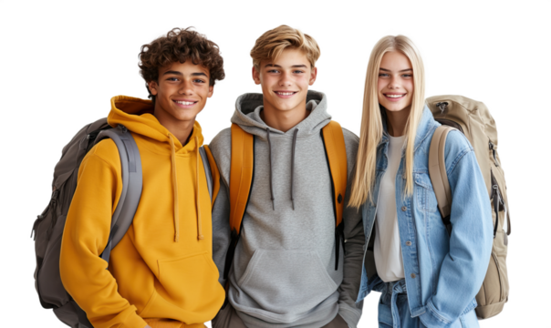 Teenagers with backpacks in casual clothing.