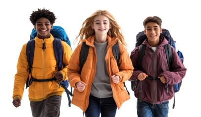 Children enjoying an outdoor adventure with backpacks.