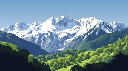 Fototapeta premium Hispanic Natural Heritage: Minimalist Illustrations of Spain's Snow-Capped Peaks and Lush Valleys