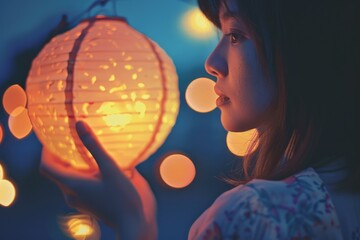 Naklejka premium A young girl holds a paper lantern in front of her face, creating a whimsical and mysterious atmosphere