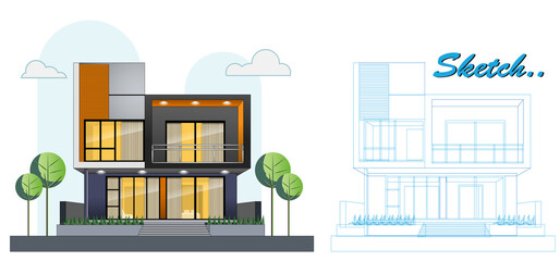 Fototapeta premium An Illustration of Modern Minimalist Template House Design with Blueprint Sketch, featuring a clean and contemporary two-story structure