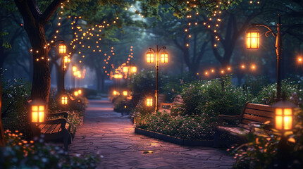 A serene city park with softly lit benches and glowing lanterns. Generative AI.