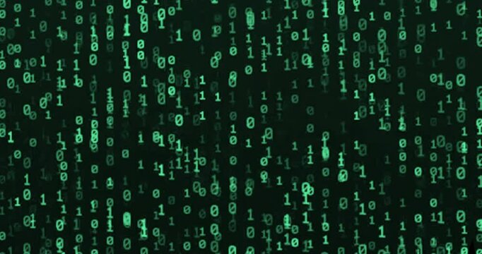 green matrix style binary code, falling numbers digital binary code processing on screen background loop, data rendering of a scientific technology data