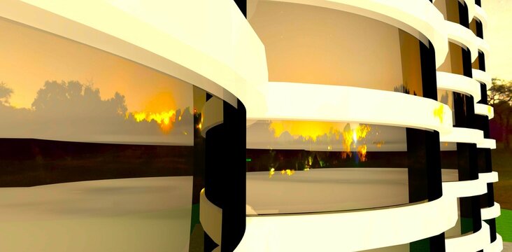 Reflection of distant village night lights on a milky lake in the mirrored facade of a low-rise building with a cylindrical design. 3D rendering.