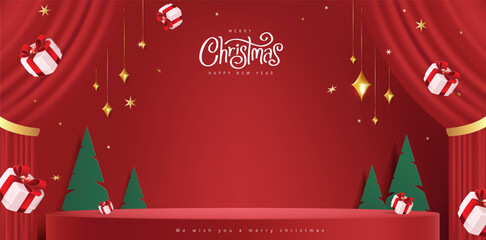 Merry Christmas banner with stage product display cylindrical shape and festive decoration for christmas