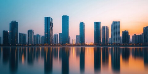 Fototapeta premium Stunning city skyline at sunset with vibrant reflections in water, showcasing modern architecture and urban lifestyle.