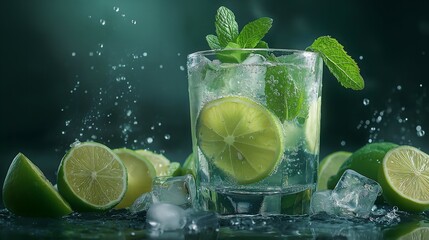 Fototapeta premium Refreshing Lemon Mint Soda with Ice Cubes in a Glass Tumbler on a Dark Background, Featuring Lime Slices and Sparkling Carbonated Bubbles, Perfect for Beverage Posters, Backgrounds, and Banners