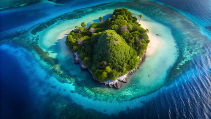 3d render style of An aerial shot of a small, lush tropical island surrounded by clear blue water, with the different colors of the water creating contrast