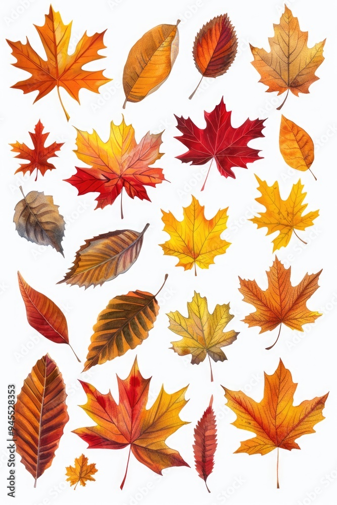 Wall mural A collection of colorful leaves scattered on a clean white surface