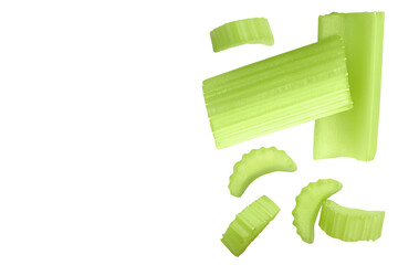 fresh celery in wooden bowl isolated on white background. Top view with copy space for your text. Flat lay