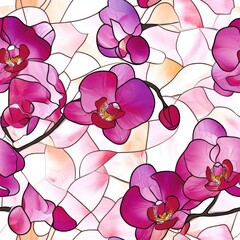 Pink stained glass style orchid bloom pattern, seamless repeating pattern, minimal pattern, perfect for fabric prints, wall art, branding materials, invitation cards, and cushion covers 