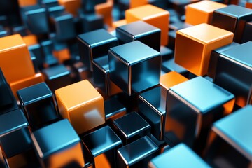 Fototapeta premium 3D rendering of an abstract background with blue, orange, and black cubes in different sizes on a dark background.
