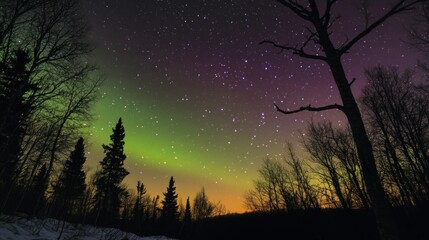 Fototapeta premium Northern Lights Display Over Silhouetted Trees