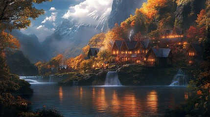 Fototapeta premium A charming village in the mountains, where rivers and peaks create a breathtaking view photo