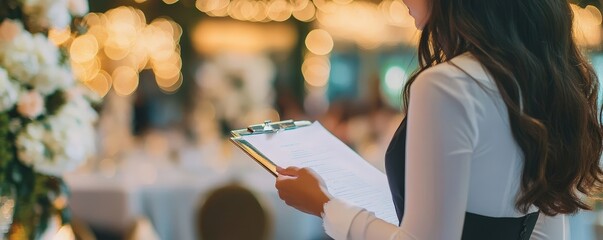 A professional woman holding a clipboard, reviewing details at an elegant event venue with beautifully arranged tables.