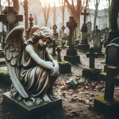 Stone statue in a cemetery surrounded. Sad grieving angel in graveyard with old destroyed crosses...