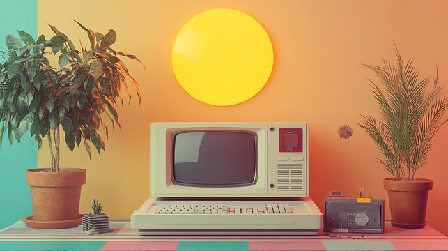 old 8 bit computer with monitor from tv set