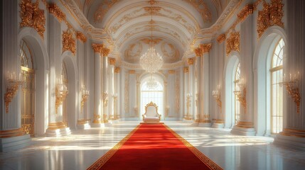 regal white throne room opulent hall with ornate golden details crystal chandeliers and plush red carpet leading to a majestic empty throne sunlight streaming through tall windows