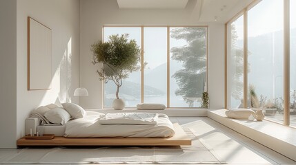 Minimalist white bedroom with floor-to-ceiling windows, natural texture. Generative AI.