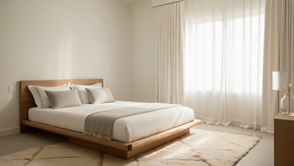 A minimalist bedroom with a low bed frame, neutral linens, and soft, diffused lighting. The design emphasizes tranquility and simplicity, Generative AI
