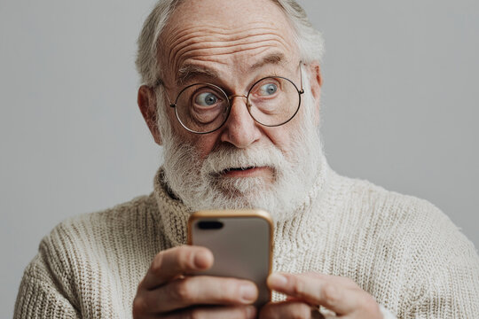 Senior man looking at his mobile phone and thinking. Generative AI.
