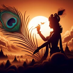 Silhouette of Hindu god Lord Krishna with peacock feather on sunset. Krishna Janmashtami, Govardhan Puja.