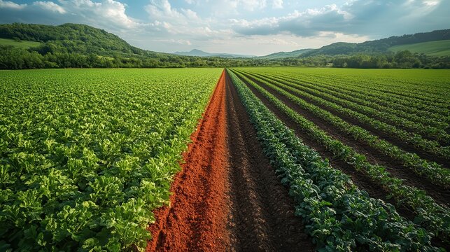 regenerative agriculture contrast splitscreen aerial view of thriving biodiverse field beside barren monoculture showcasing rich soil varied crops and flourishing ecosystem
