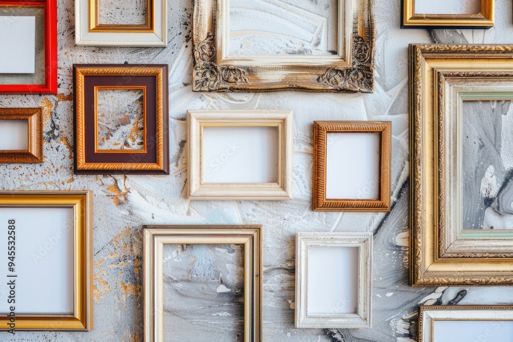 Poster a collection of picture frames on a wall, perfect for decorating and displaying photos
